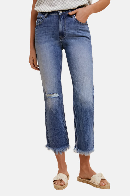 Distressed Raw Hem Straight Leg Cropped Jeans