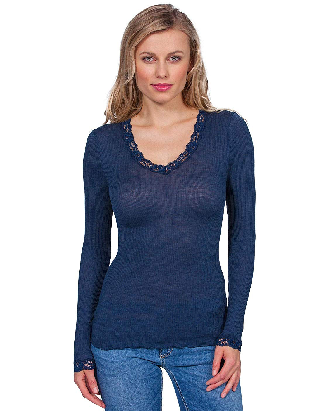 EGi Luxury Wool Silk Long Sleeve Top with Lace Trim