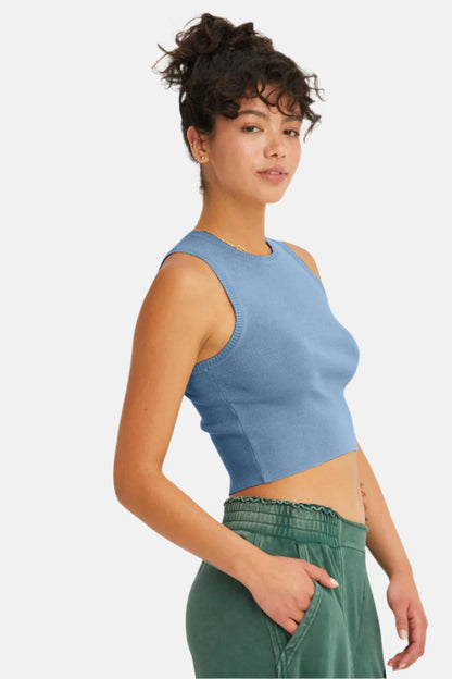 Blue Ribbed Knit Cropped Tank