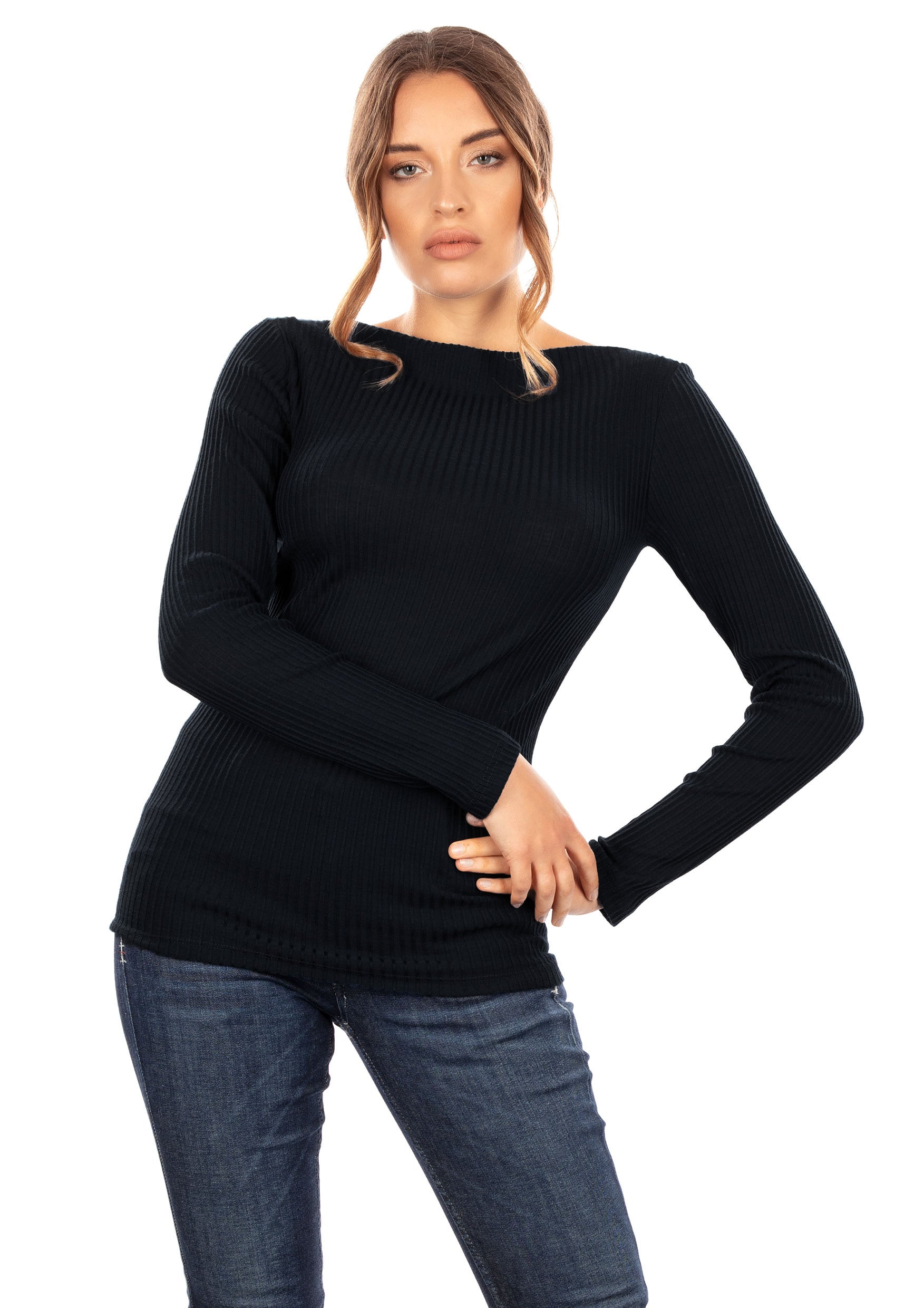 EGI Exclusive Collections Merino Wool Blend Boat Neck Top with Long Sleeves