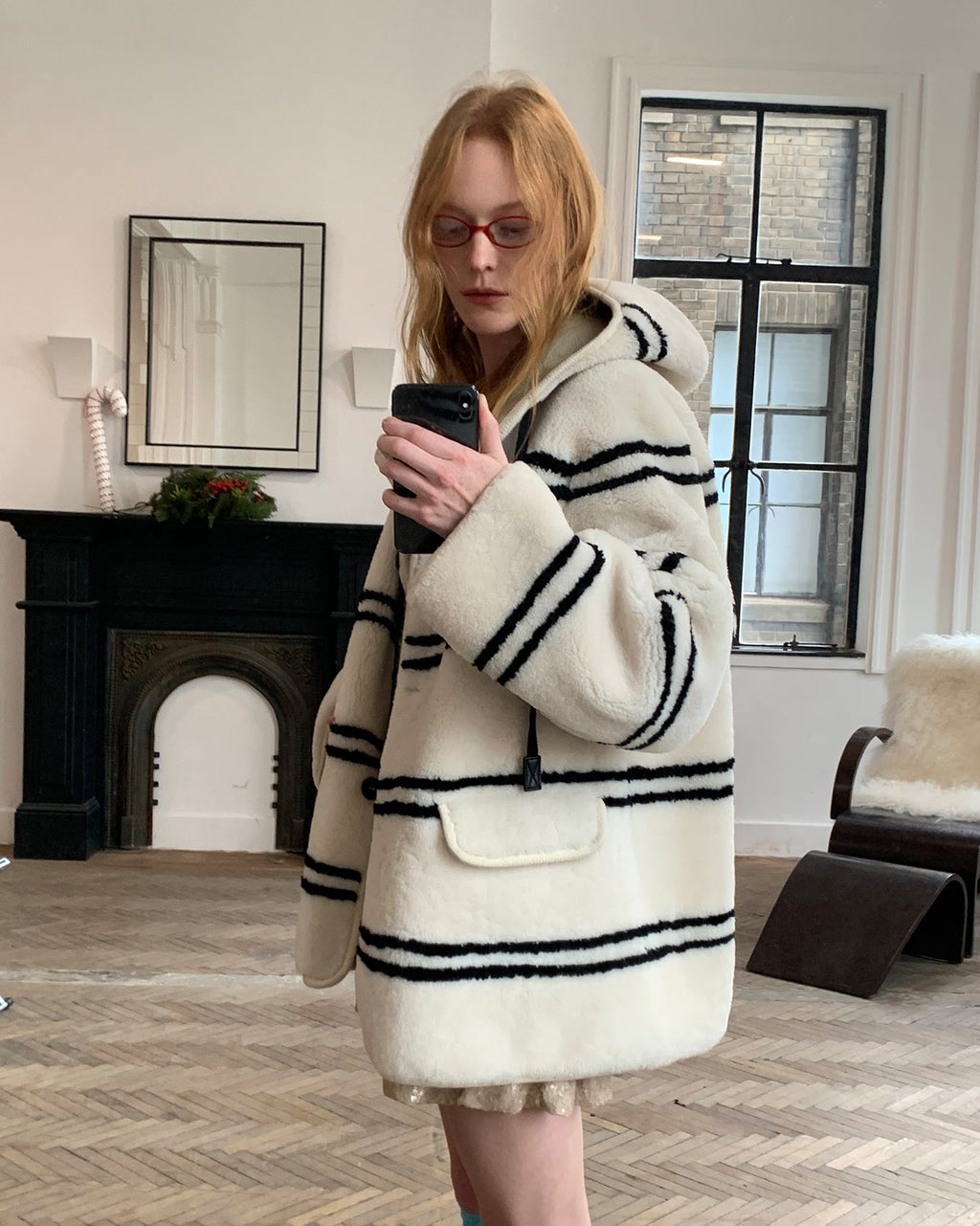 Fireladyfur Women's Lamb Wool Striped Jacket ‘Snowy New Year’