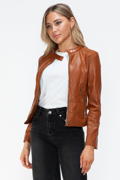 Camel Leather Zip-Up Drawstring Hooded Jacket