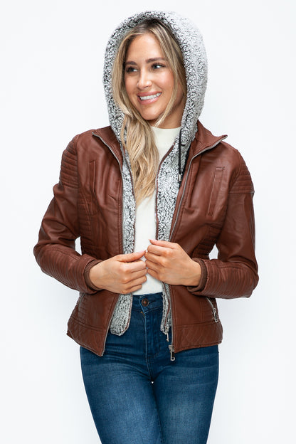 Faux Layered Double-Zipper Jacket with Fuzzy Hood Brown