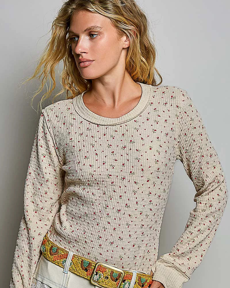 Ribbed Knit Floral Crew Neck Long Sleeve Top