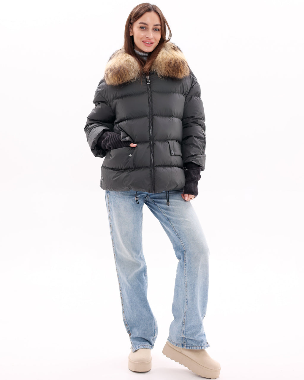 Genuine Fur Trim Down Fill Coat in Black