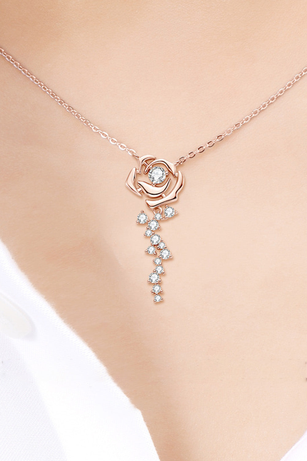 Rose Gold Flower Moissanite Silver Pendant Necklace