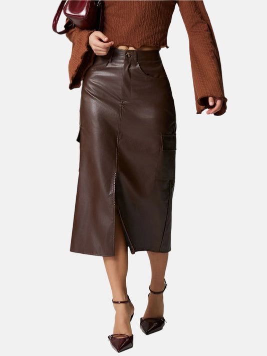 Faux Leather Slit Midi Skirt with Pockets