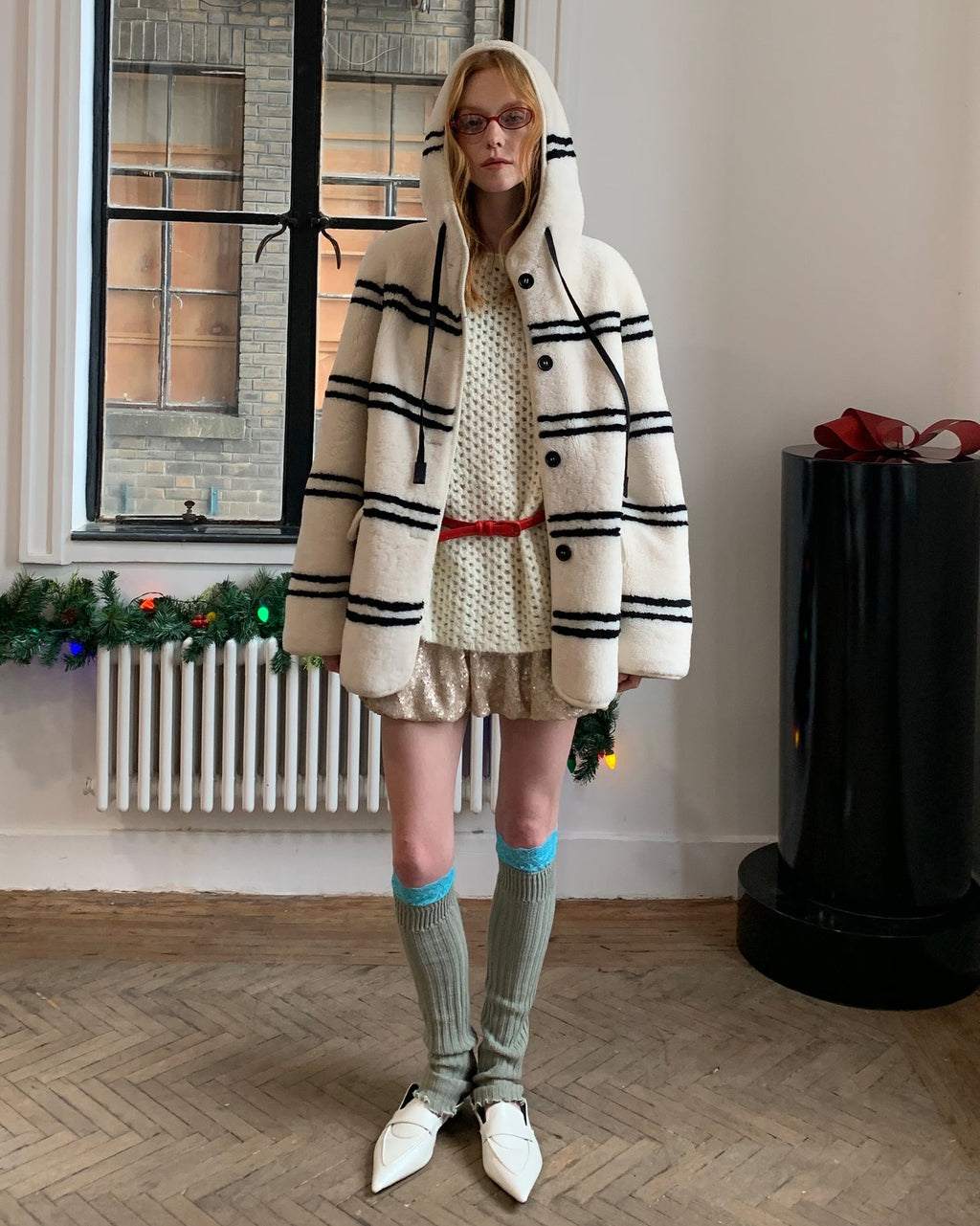 Fireladyfur Women's Lamb Wool Striped Jacket ‘Snowy New Year’