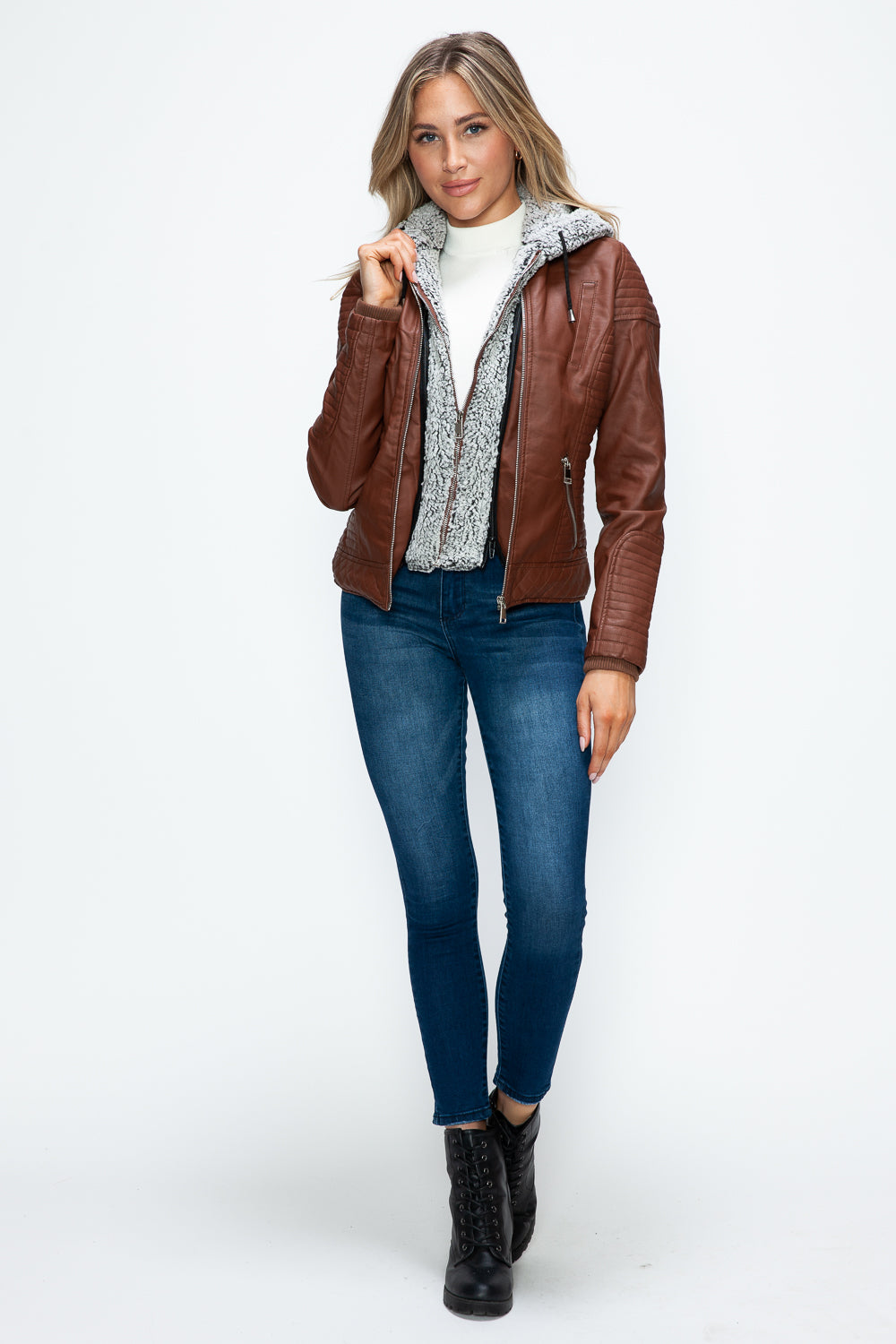 Faux Layered Double-Zipper Jacket with Fuzzy Hood Brown