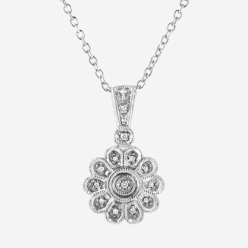 .925 Sterling Silver Diamond Accent Sunburst Milgrain 18" Pendant Necklace