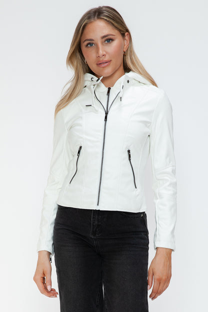 White Leather Zip-Up Drawstring Hooded Jacket