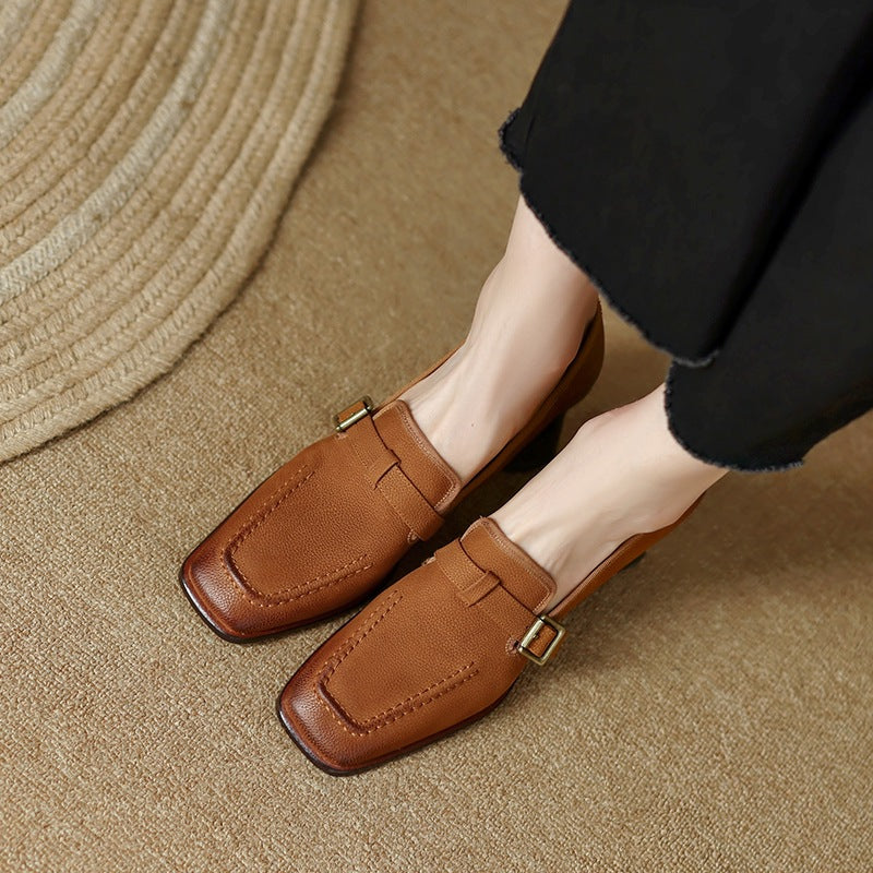 Women's Retro British Style Chunky Heel Leather Shoes | Round Toe Commuter