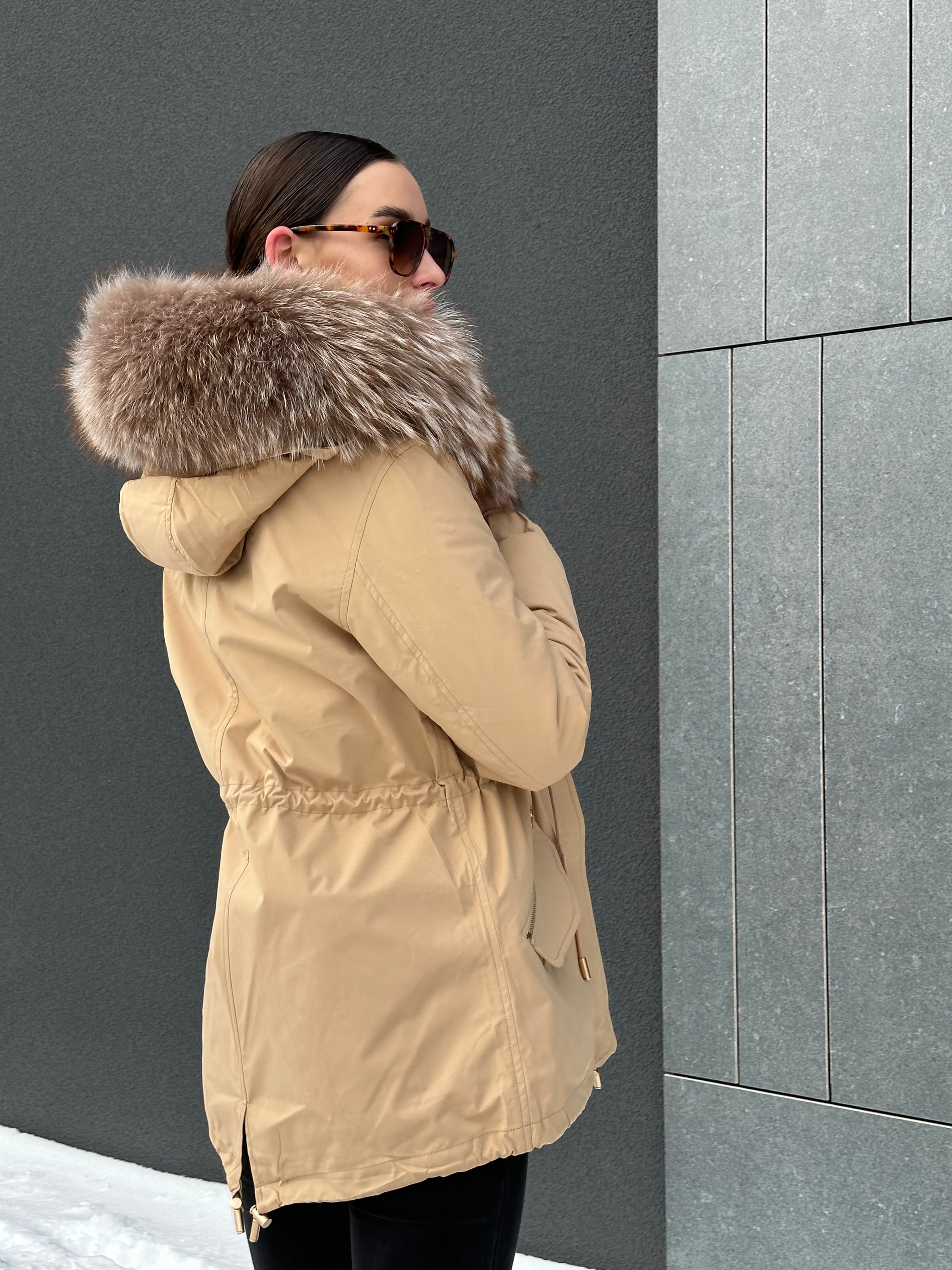 Genuine Silver Fur Trim Parka with Rabbit Fur Insulation Khaki