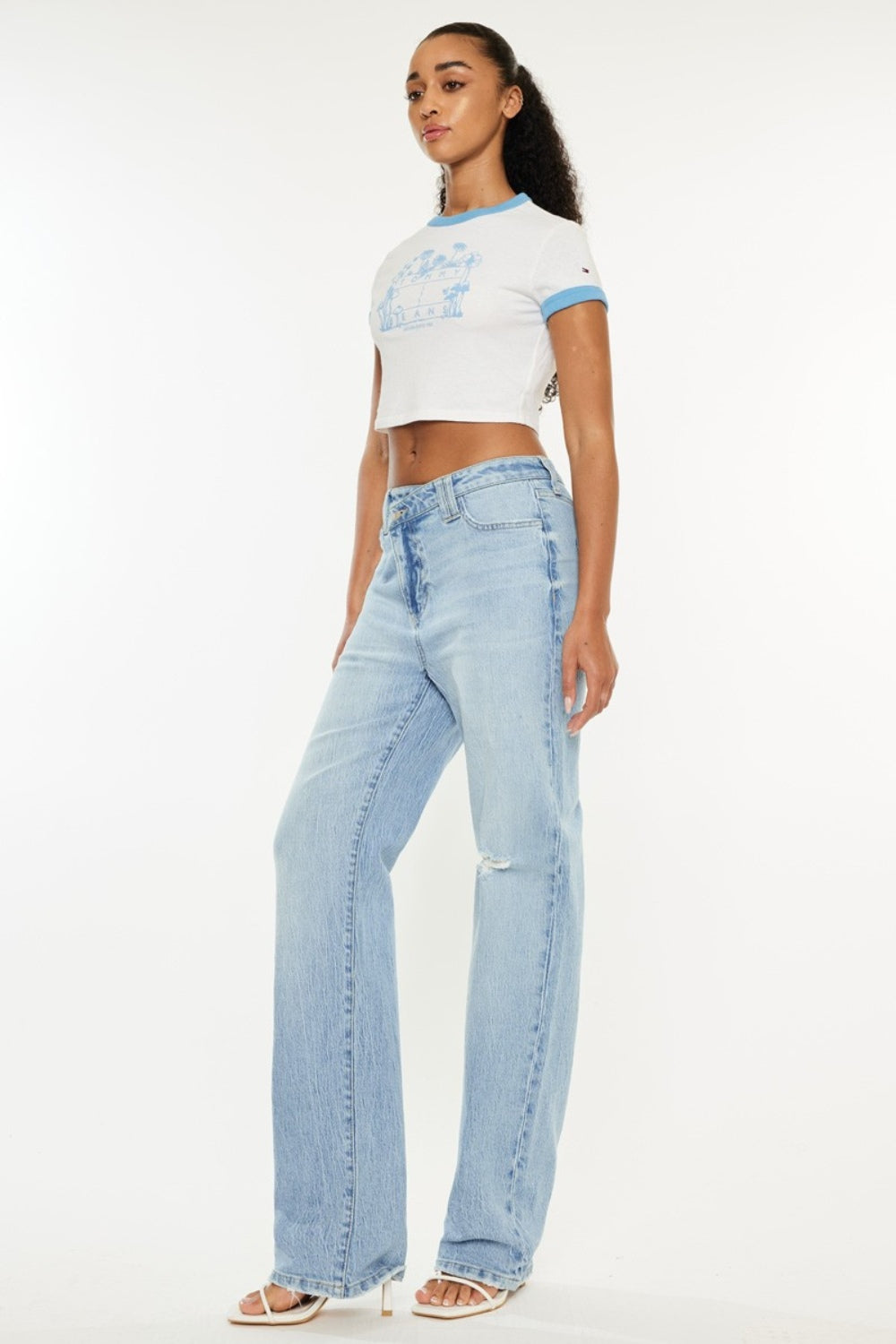 Light Blue Distressed High Waist Straight Jeans