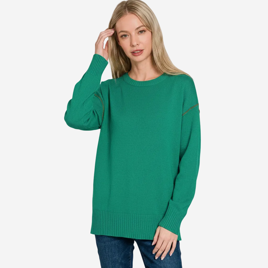 Zenana Round Neck Contrast Trim Sweater
