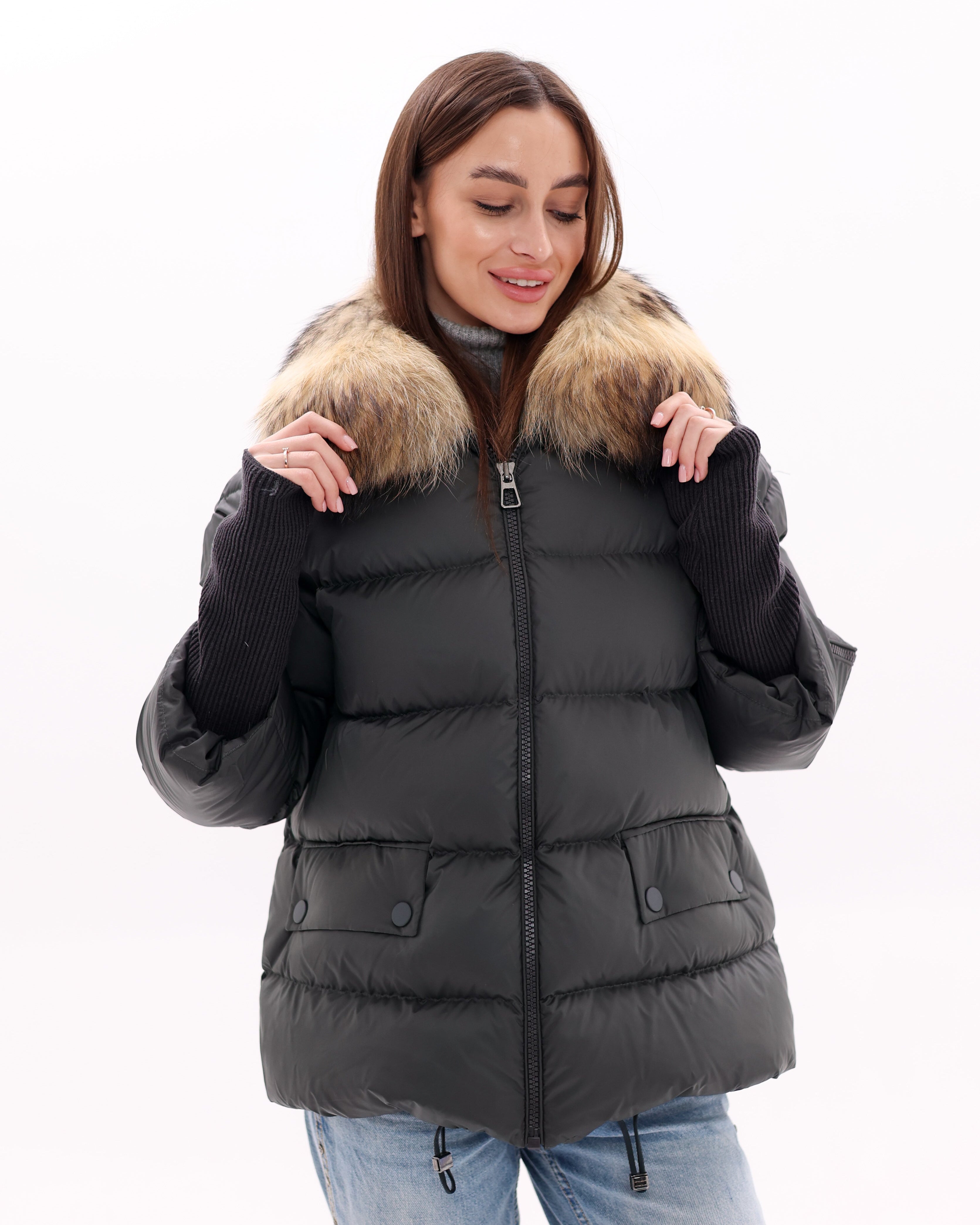 Genuine Fur Trim Down Fill Coat in Black