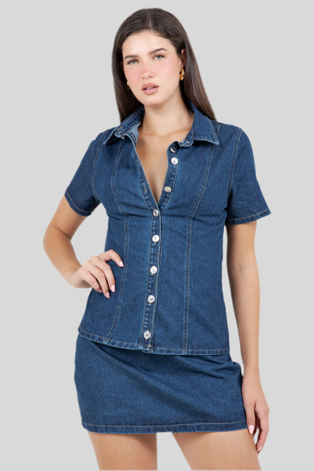 Short Sleeve Button Shirt and Mini Skirt Denim Set