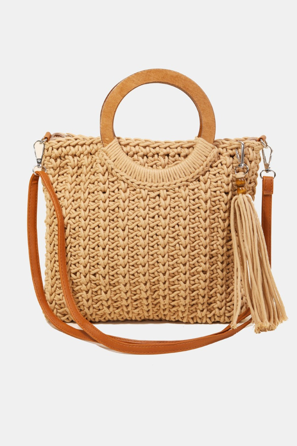 Crochet Knit Convertible Tote Bag with Tassel