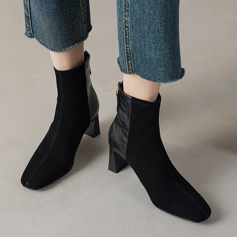 Women's Sheepskin Square Toe Chunky Heel Ankle Boots | Korean Patchwork Style