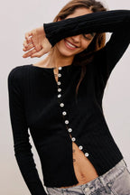 Basic Bae Texture Button-Up Round Neck Long Sleeve Top