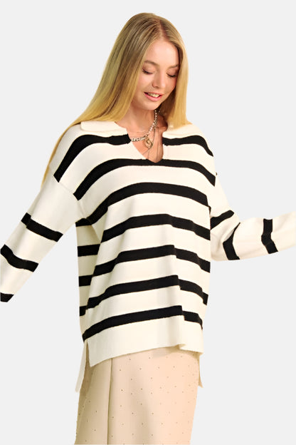 High-Low Side Slit Striped Johnny Collar Sweater