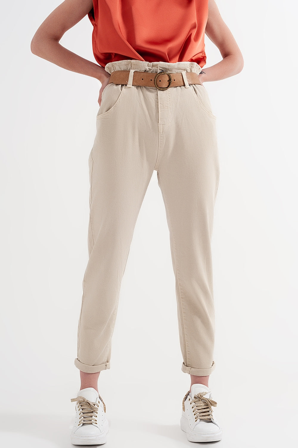 Elasticated Paper Bag Waist Mom Jeans in Beige