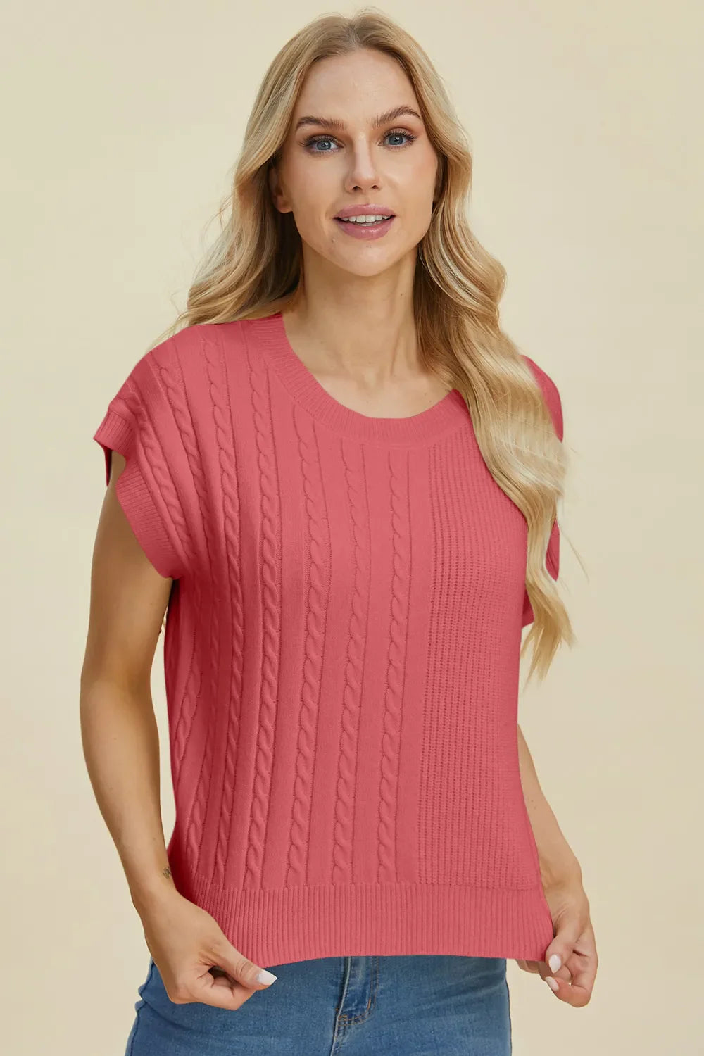 Double Take Cable-Knit Round Neck Short Sleeve Sweater