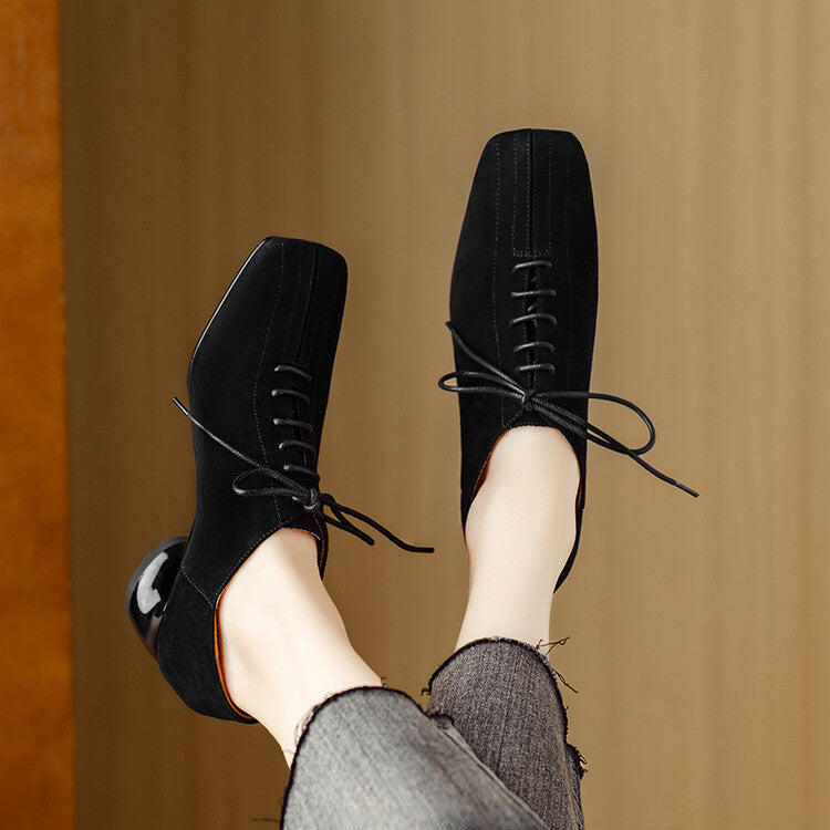 Women's Retro Sheepskin Square Toe Chunky Heel Pumps | Lace-Up Mid Heel