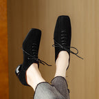 Women's Retro Sheepskin Square Toe Chunky Heel Pumps | Lace-Up Mid Heel