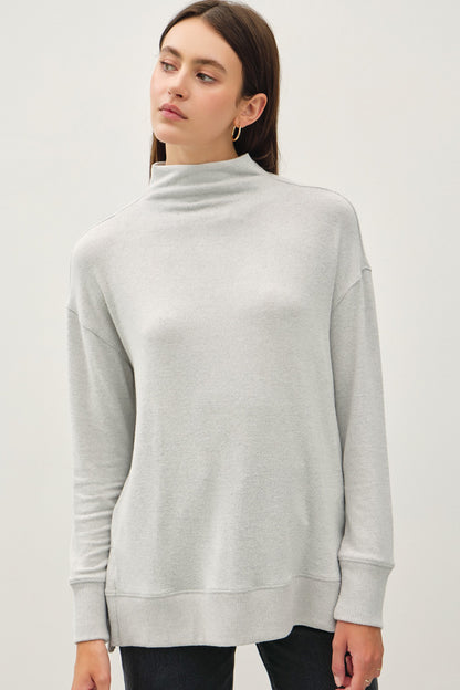 Light Gray Side Slit Mock Neck Long Sleeve Tunic Top