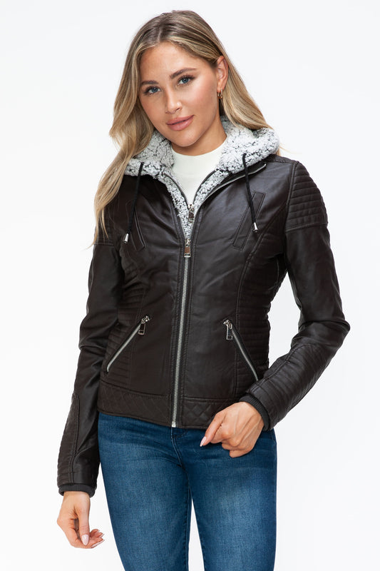 Faux Layered Double-Zipper Jacket with Fuzzy Hood Dark Choco