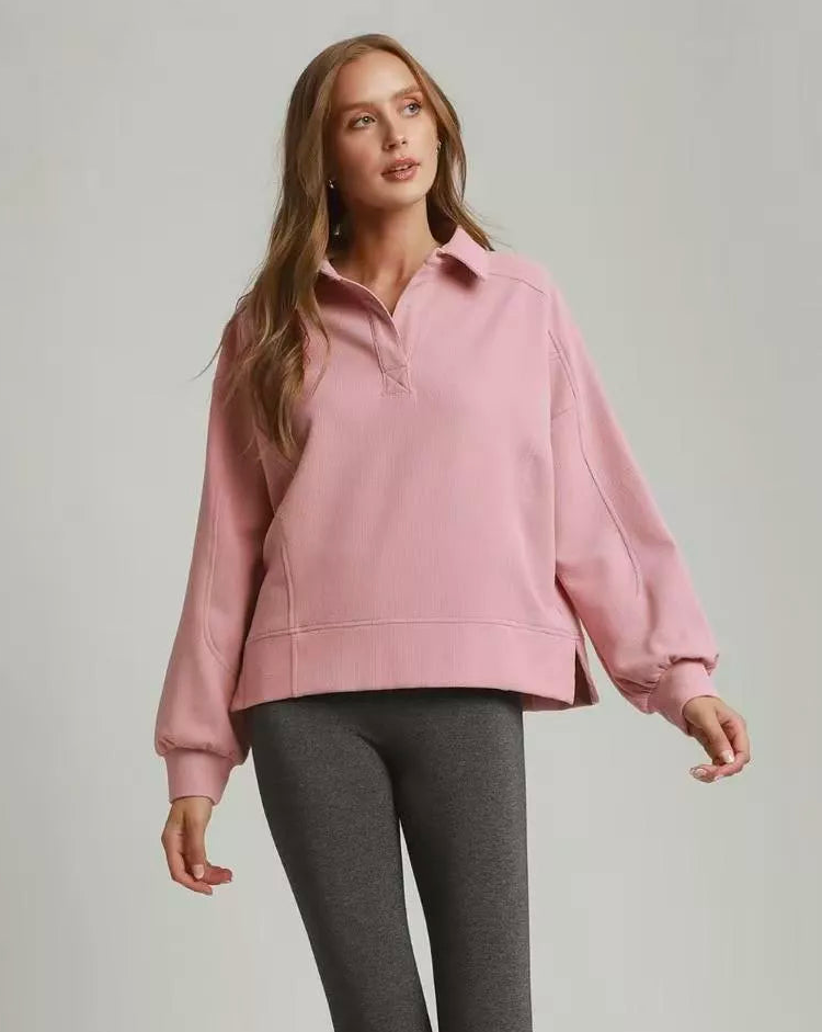 Umgee Brushed Waffle Polo Collared Pullover | Mauve