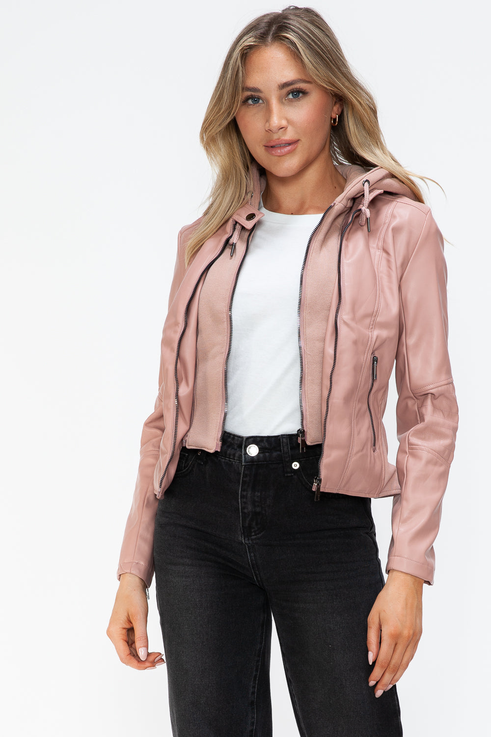 Mauve Leather Zip-Up Drawstring Hooded Jacket