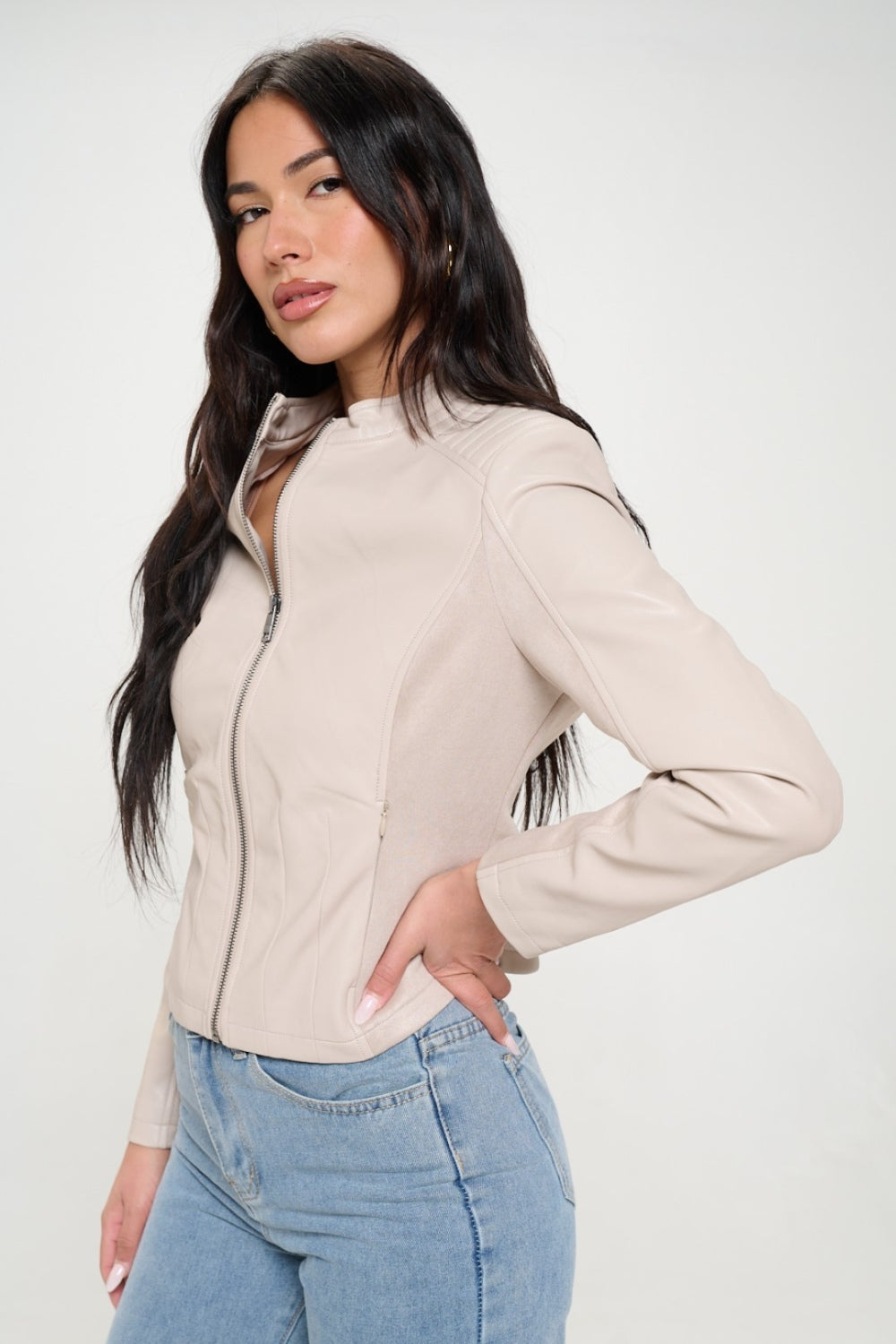 Cream Color Zip-Up Vegan Moto Jacket