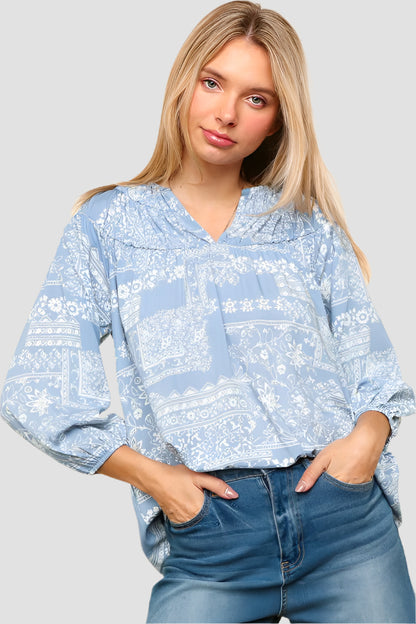 Printed Notched Balloon Sleeve Blouse