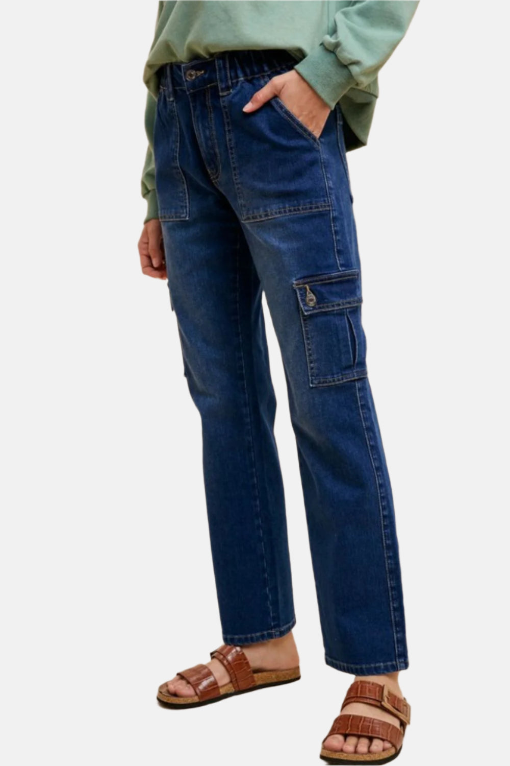 Straight Leg Jeans with Cargo Pockets Dark Denim