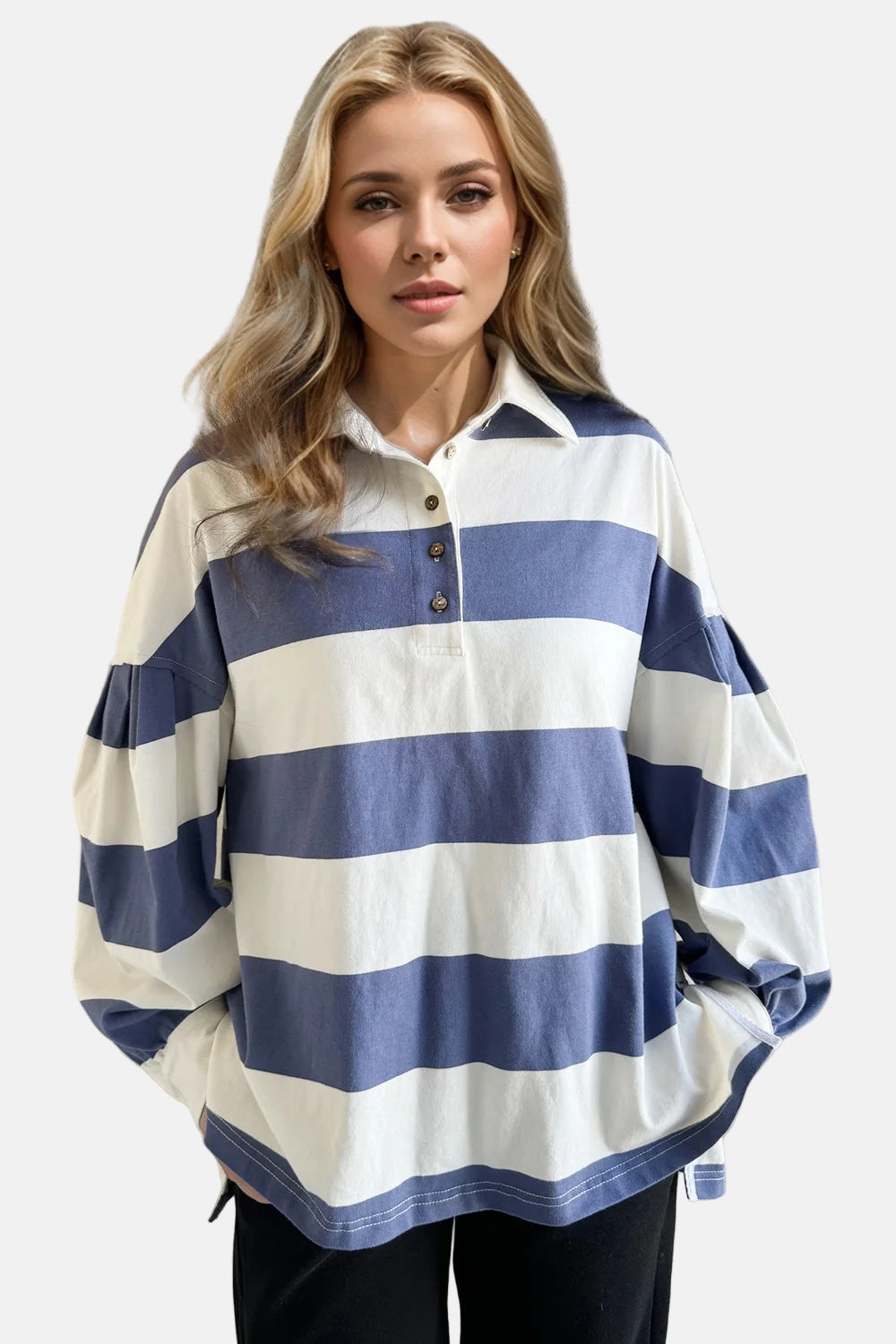 Oh Pima Cotton Wash Wide Striped Collared Neck Long Sleeve Top