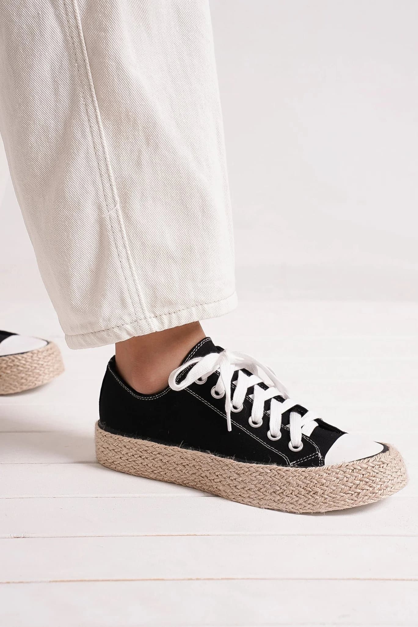 Black Lace-Up Woven Espadrille Sole Sneakers