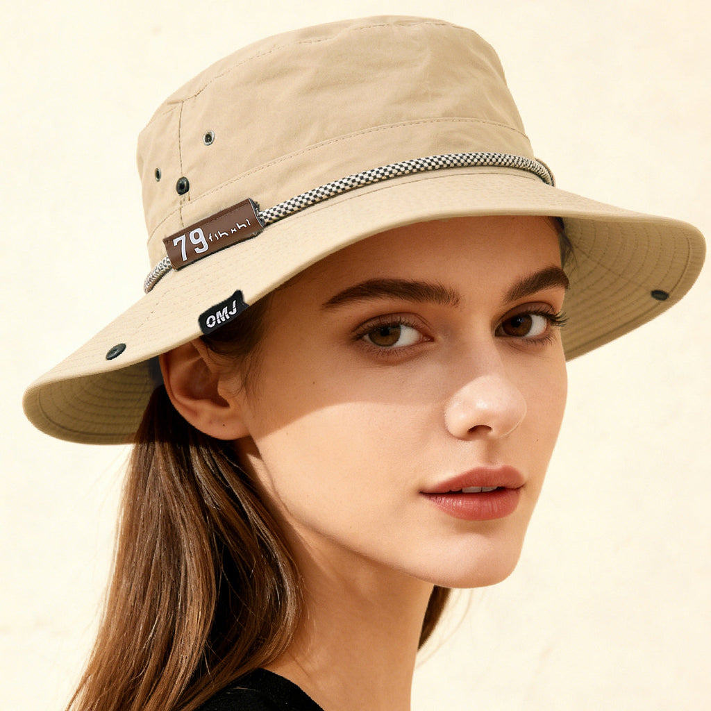 Wide-Brim Leather Patch Fisherman Hat | UV Sun Protection Outdoor Hat