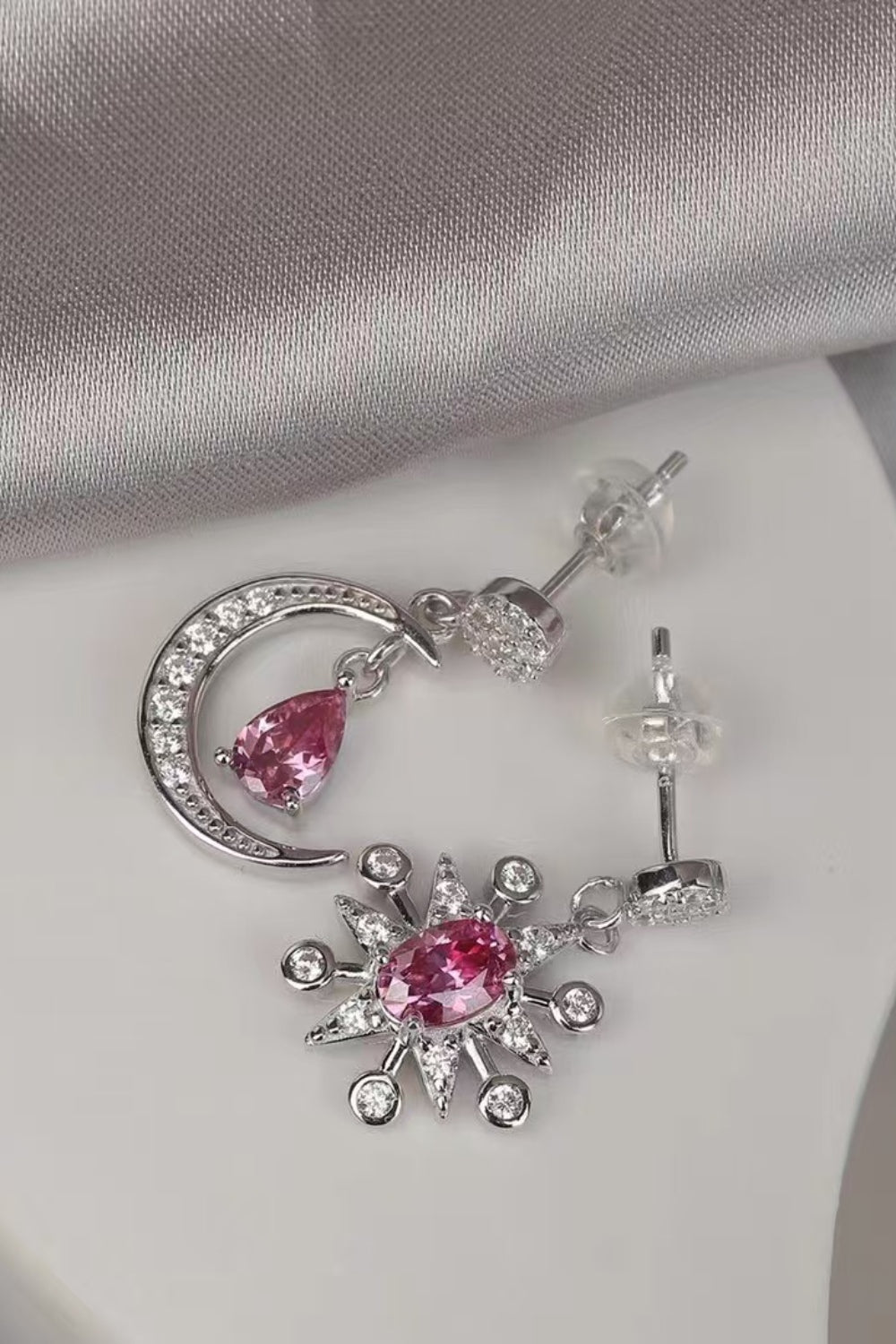 Moon & Star Earrings with Pink 2 Ct Moissanite