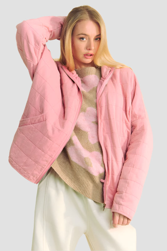 Quilted Zip-Up Dropped Shoulder Jacket Dusty Rose