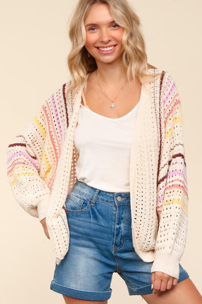 Striped Crochet Open Front Cardigan