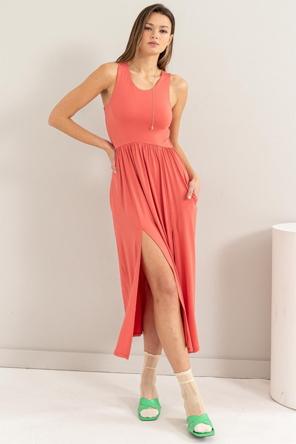 Sleeveless Slit Midi Dress Coral
