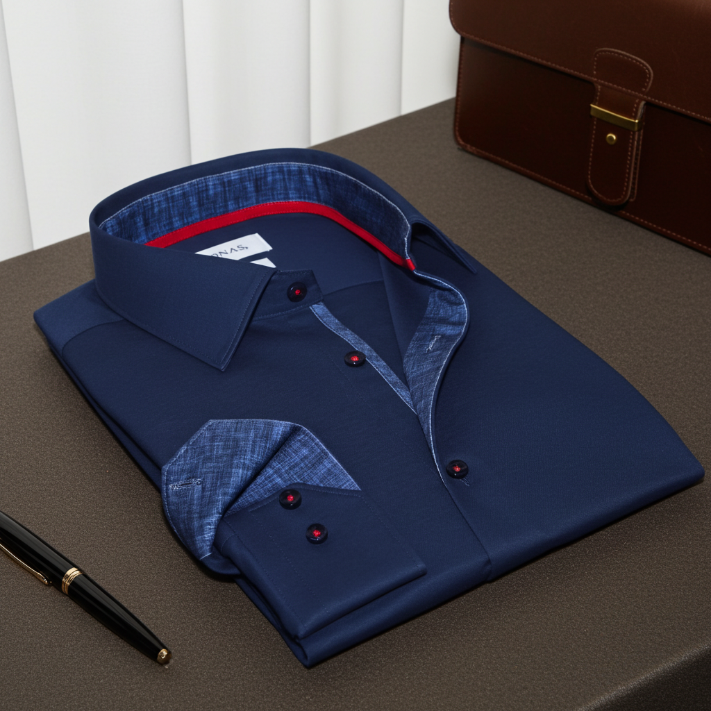 Kevin Cotton Knit-Stretch Button-Up Shirt with Contrast Details Navy | Tailored Fit (Fitted)