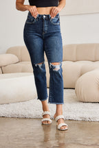 Crop Dylan Tummy Control Distressed High Waist Raw Hem Jeans