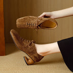 Women's Retro Sheepskin Square Toe Chunky Heel Pumps | Lace-Up Mid Heel