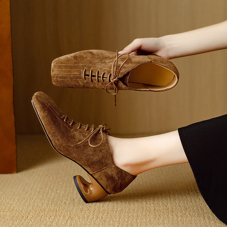 Women's Retro Sheepskin Square Toe Chunky Heel Pumps | Lace-Up Mid Heel
