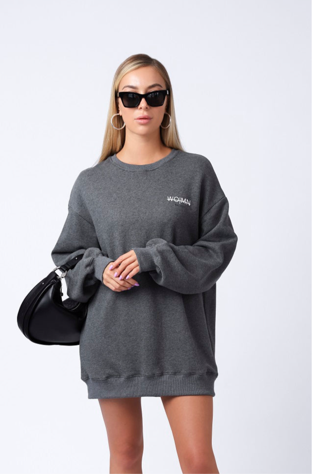 WO|MN Logo 100% Cotton Jersey Oversized Sweatshirt Dress | Dark Grey
