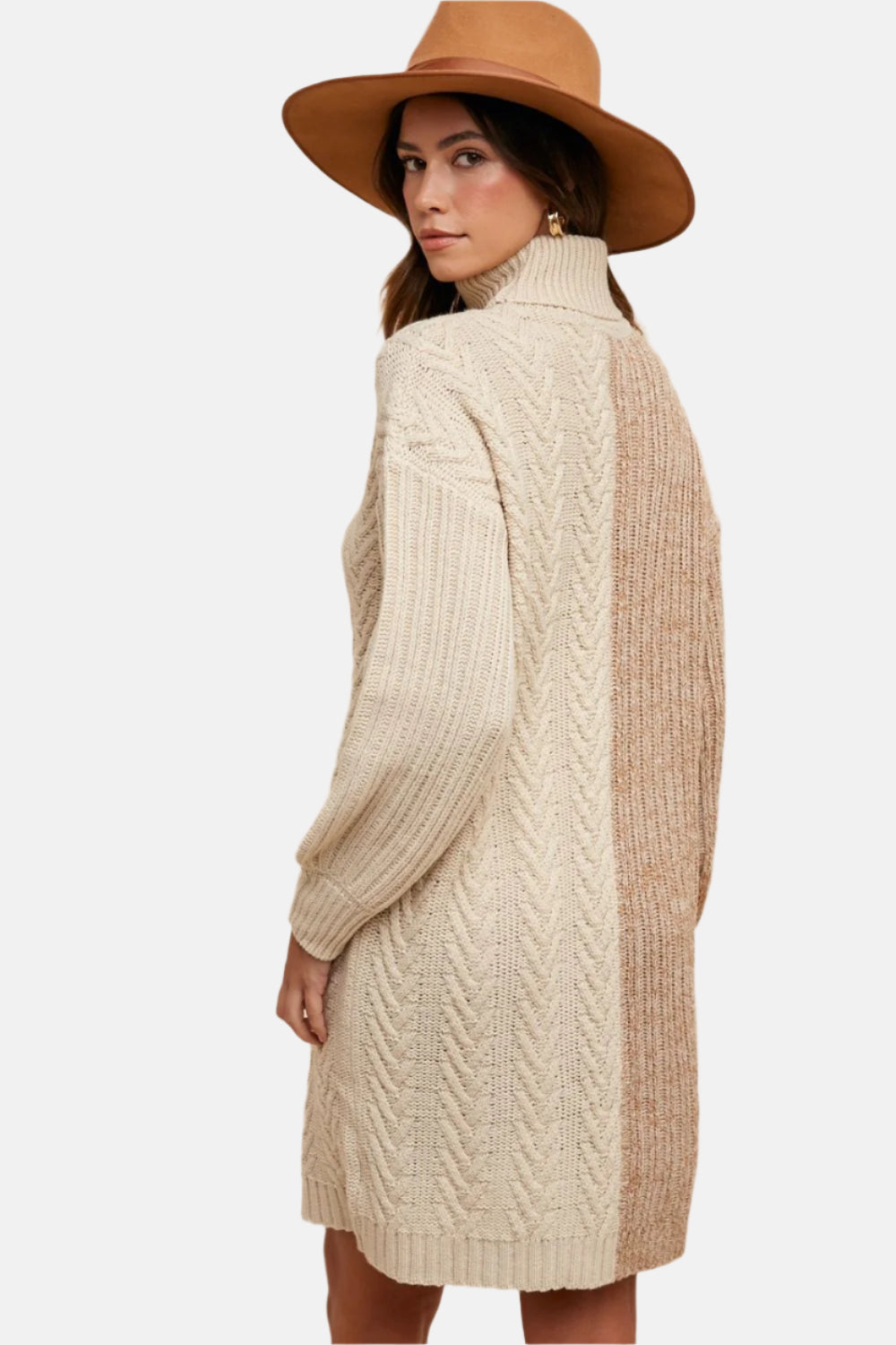 Two-Tone Knitted Turtleneck Sweater Dress