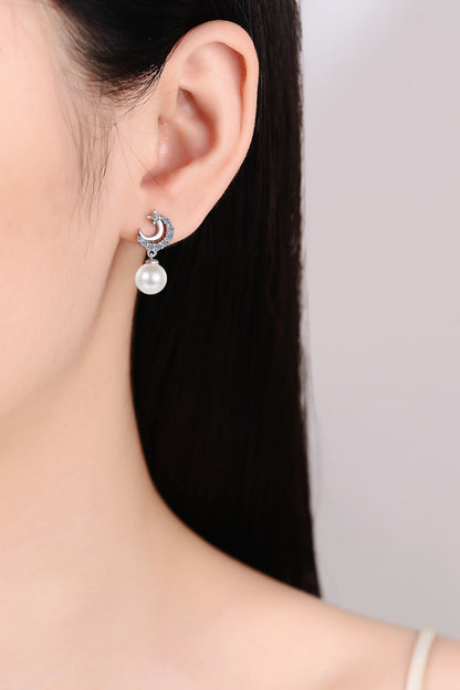 Pearl Drop Silver Moon Earrings